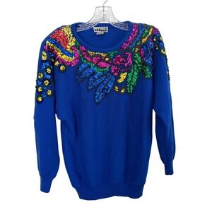 VTG Effeci Creazioni Blue Sequin Beaded Sweater‎ L Art to Wear Hong Kong Glam